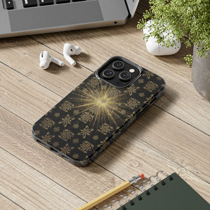 Glitter Burst Tough Phone Case — Black & Gold Floral Protective Cover