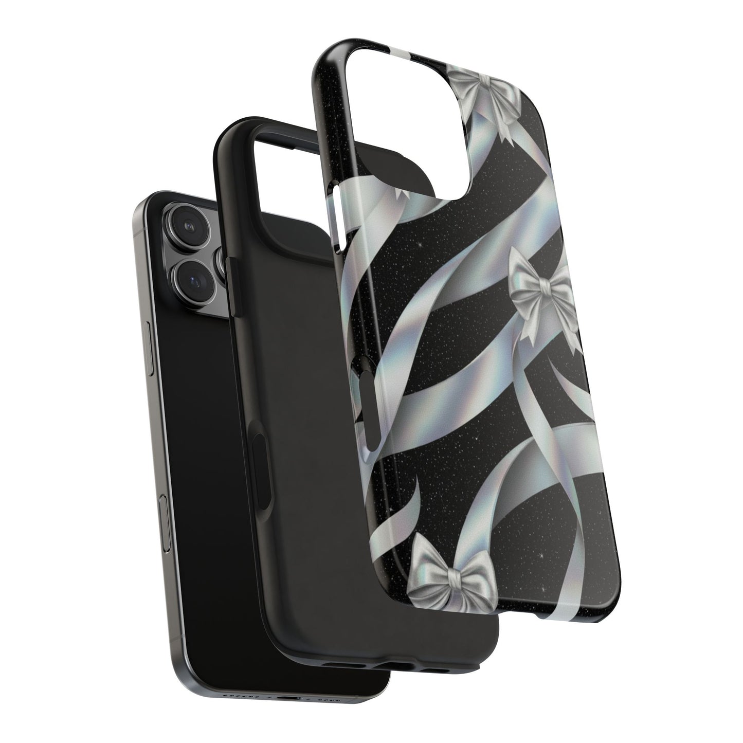 Silver Ribbon Bow Tough Phone Case — Glitter Black Protective Phone Case