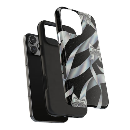 Silver Ribbon Bow Tough Phone Case — Glitter Black Protective Phone Case