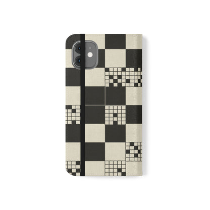 Checkerboard Flip Phone Case – Retro Black & Cream Geometric Wallet Case