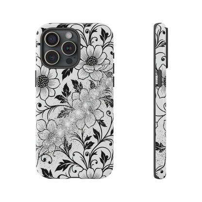 Floral Lace Phone Case — Black & White Vintage Flower Protective Case