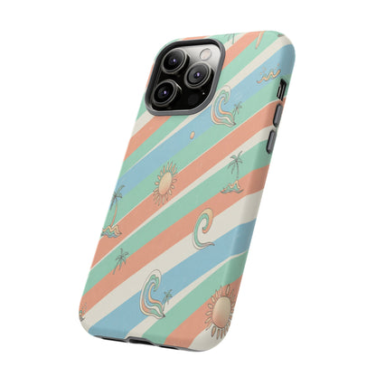 Retro Beach Stripes Phone Case — Sun, Waves & Palm Pattern Tough Case