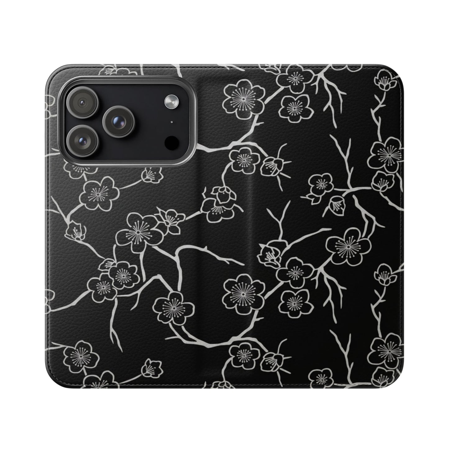 Black Cherry Blossom Flip Phone Case – Floral Wallet Flip Case with Card Slots