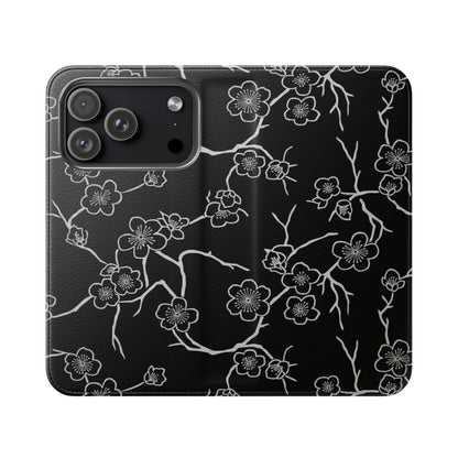 Black Cherry Blossom Flip Phone Case – Floral Wallet Flip Case with Card Slots