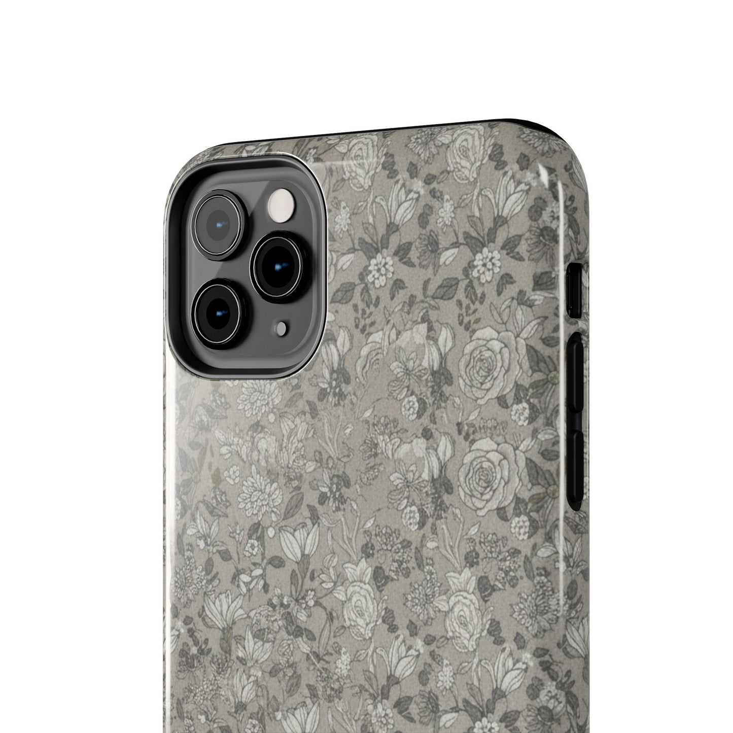 Gray Floral Tough Phone Case — Durable Protective Phone Cover with Vintage Botanical Pattern
