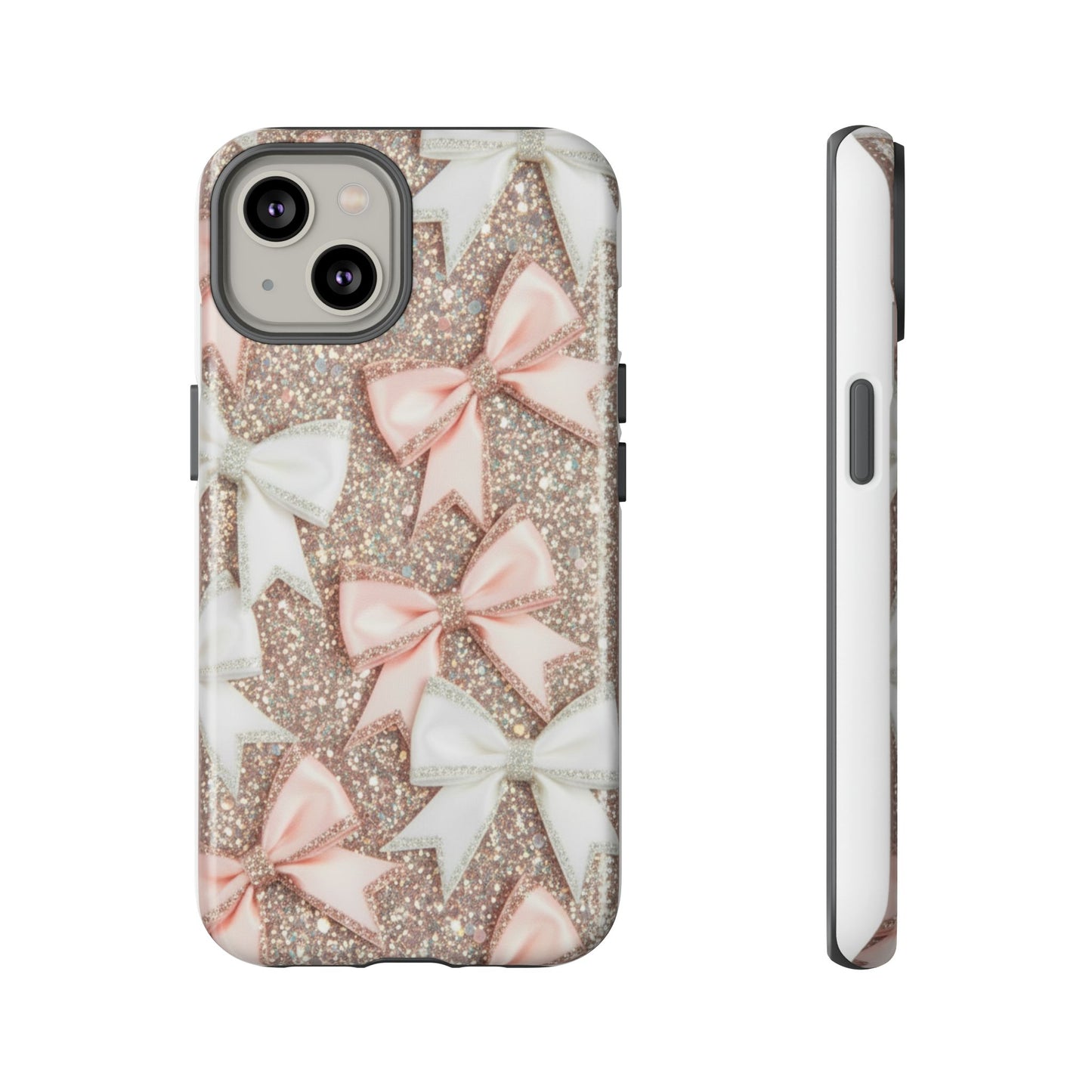 Glitter Bow Tough Phone Case — Pink & White Ribbon Protective Cover