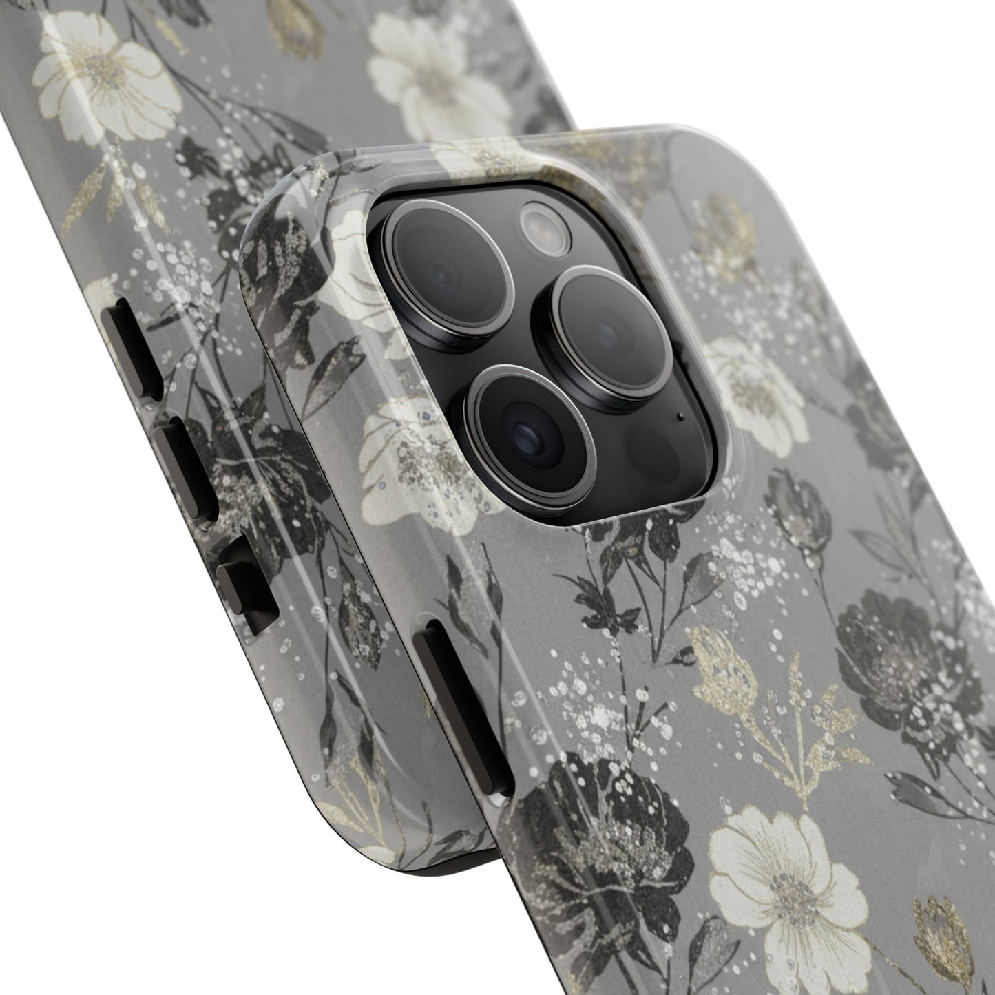Floral Gray Tough Phone Case — Elegant Protective Phone Cover with Gold Accent