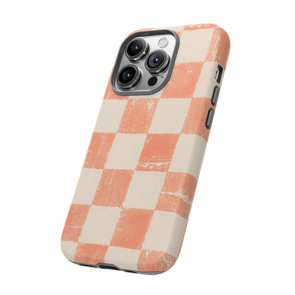 Peach Checkerboard Tough Phone Case — Retro Distressed Grid Design