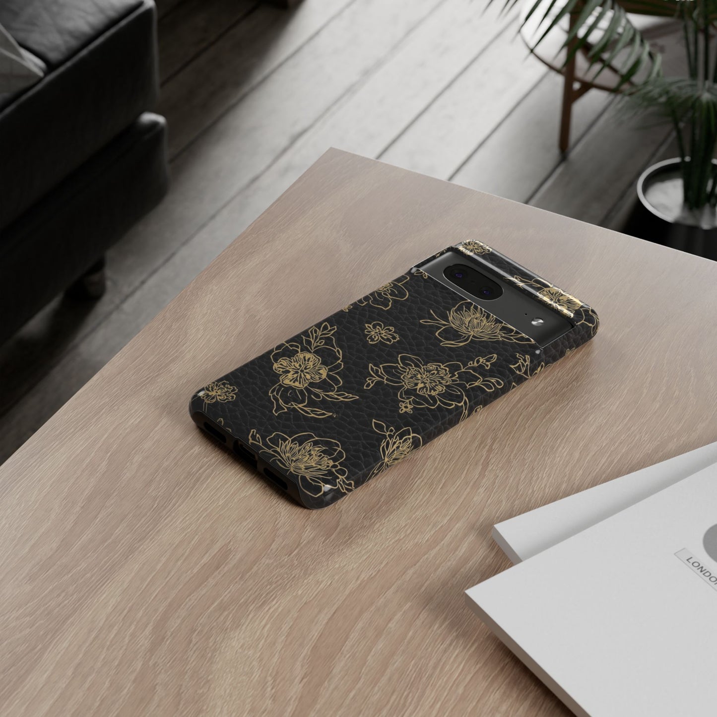 Floral Leather Phone Case — Gold Outline Flowers on Black Tough Case