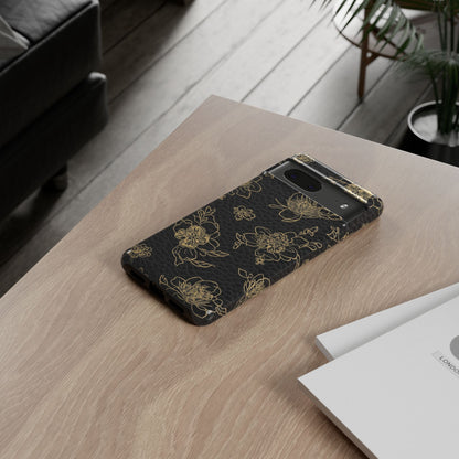 Floral Leather Phone Case — Gold Outline Flowers on Black Tough Case