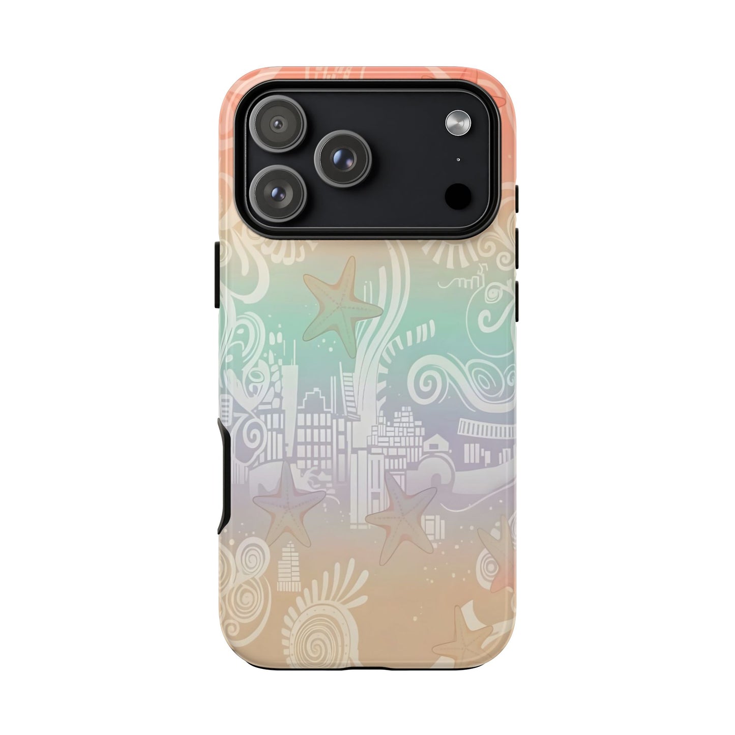 Tough Cases: Pastel Beach Pattern Phone Case — Starfish & Coastal Cityscape Protective Cover