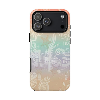 Tough Cases: Pastel Beach Pattern Phone Case — Starfish & Coastal Cityscape Protective Cover