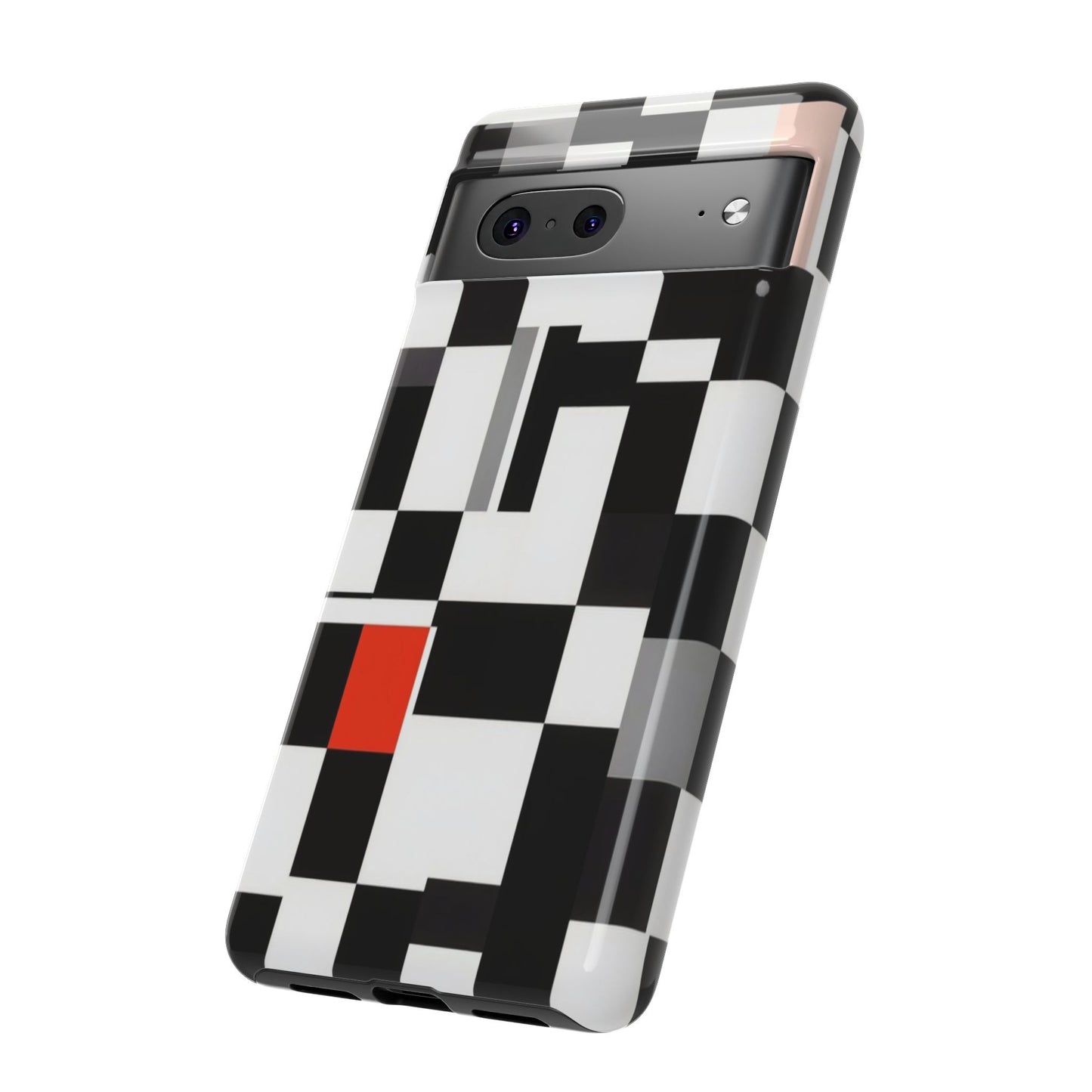 Abstract Geometric Phone Case – Black & White Checker Grid with Red Accent
