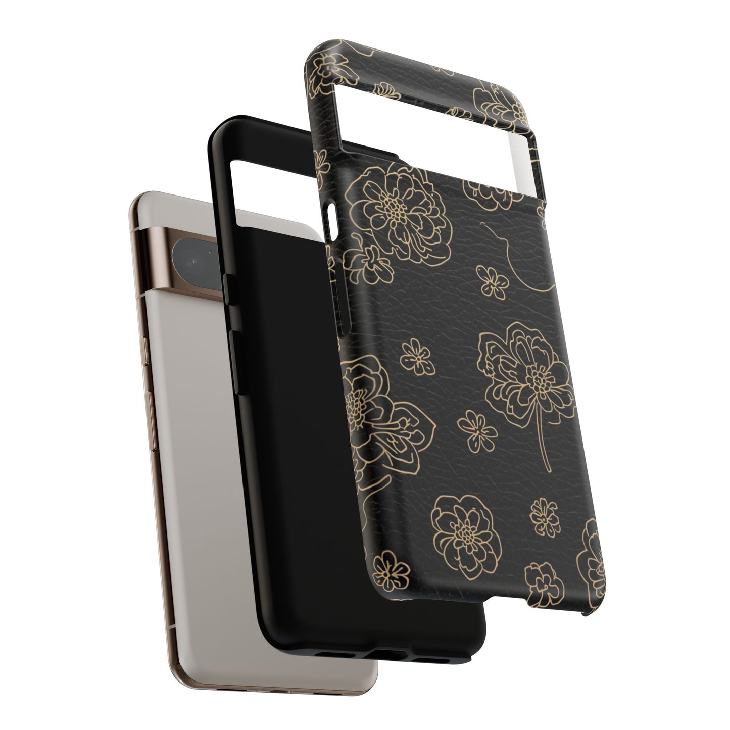 Floral Leather-Texture Tough Case – Black Gold Outline Phone Cover