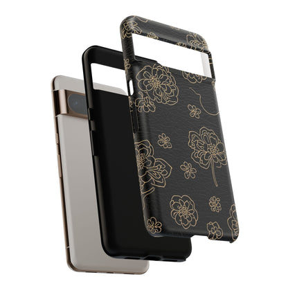 Floral Leather-Texture Tough Case – Black Gold Outline Phone Cover