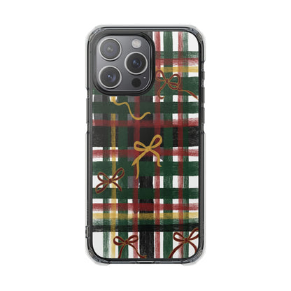 Phone Case - Festive Plaid with Gold Bows Clear Magnetic Impact Case