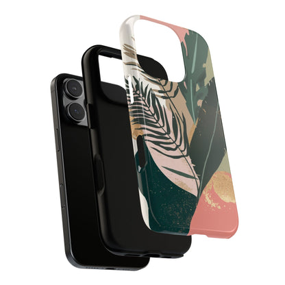 Tropical Leaf Tough Phone Case — Abstract Pink & Green Botanical Protective Cover