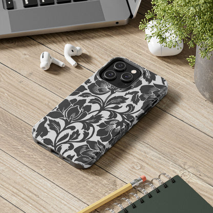 Tough Phone Case — Black & White Vintage Floral Protective Cover