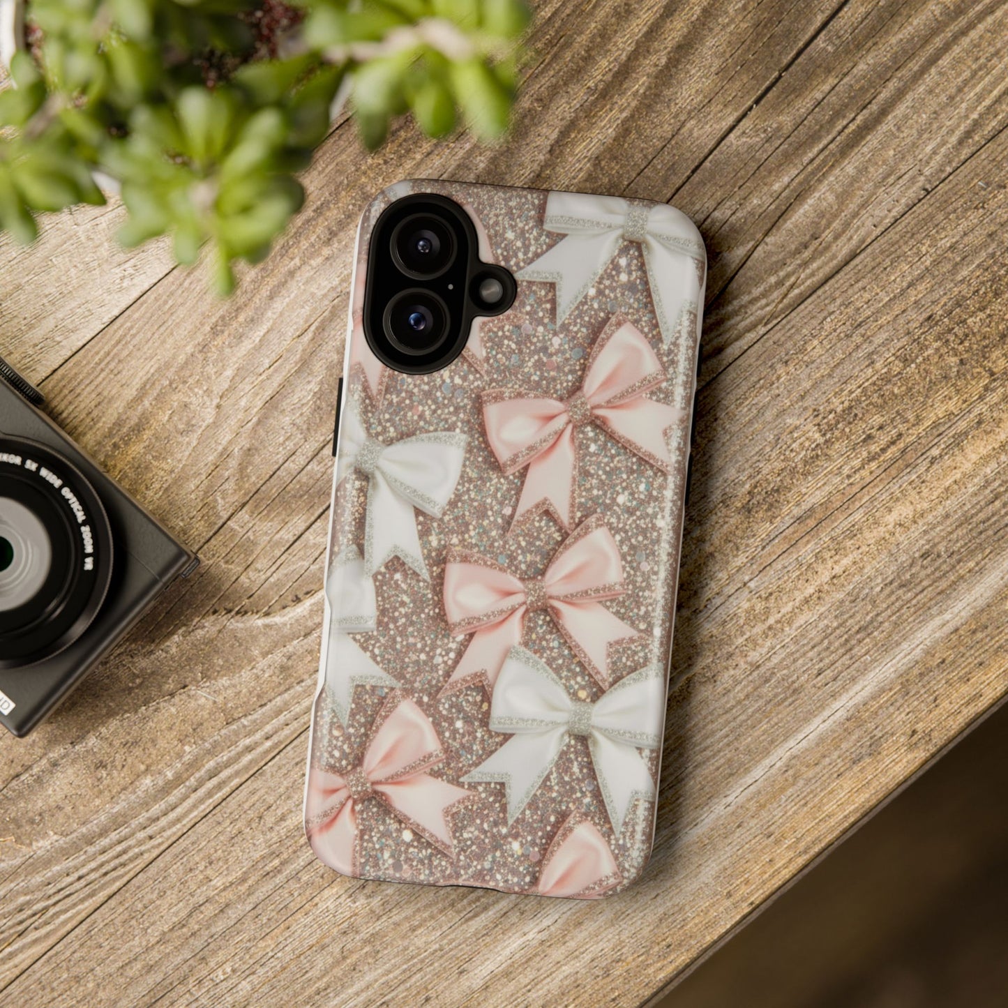 Glitter Bow Tough Phone Case — Pink & White Ribbon Protective Cover
