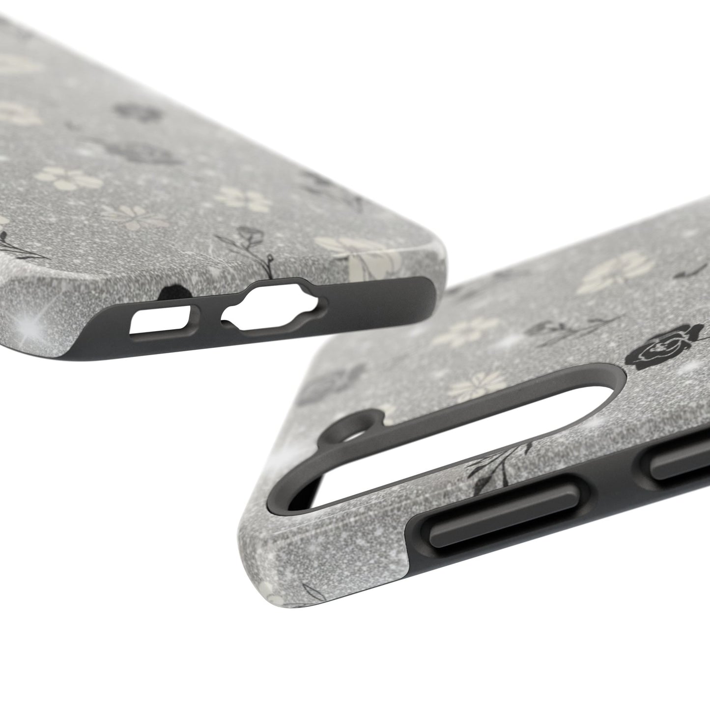 Floral Glitter Tough Phone Case — Black & Silver Vintage Flower Protective Cover