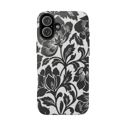 Tough Phone Case — Black & White Vintage Floral Protective Cover