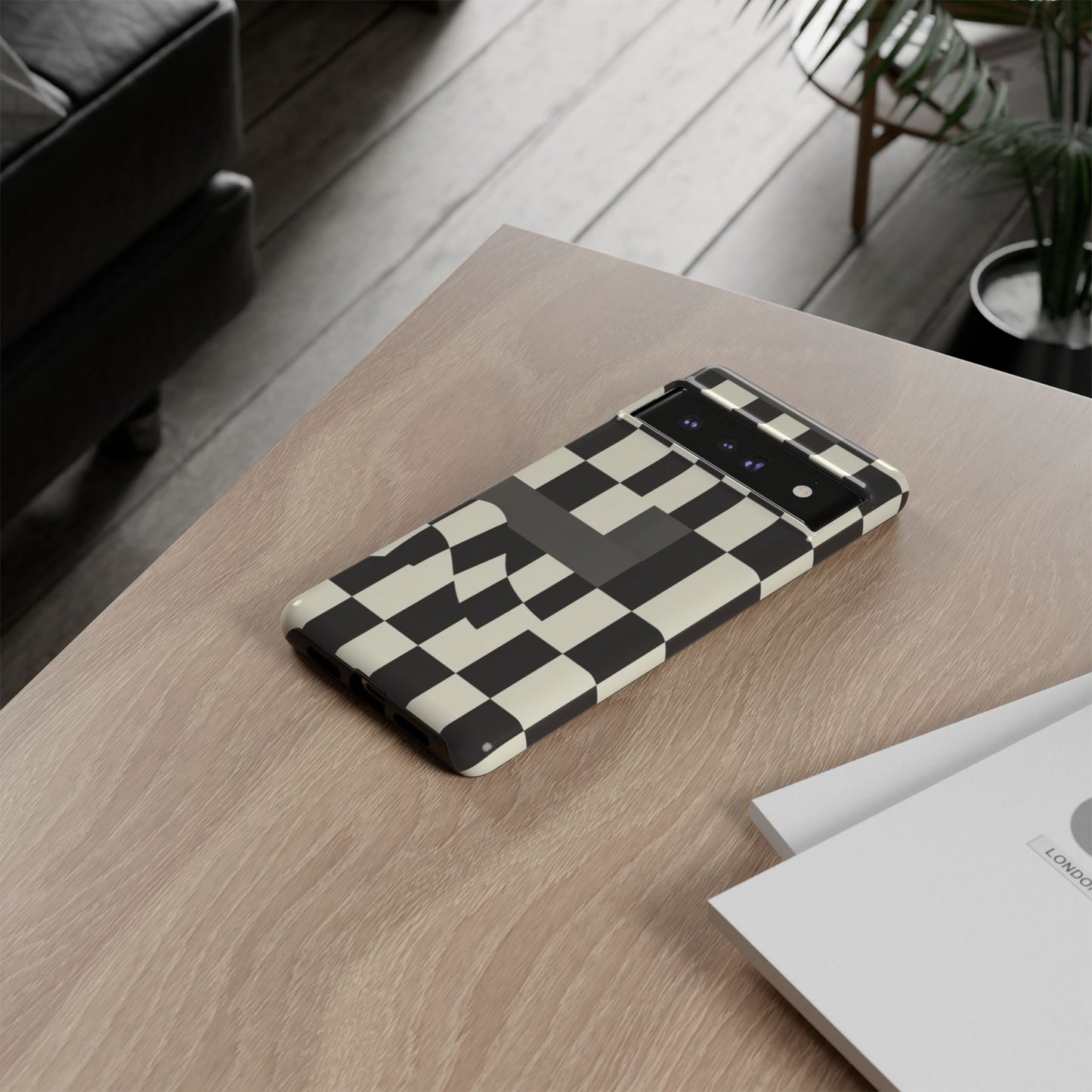 Checkerboard Wave Phone Case — Black & Cream Graphic Tough Case