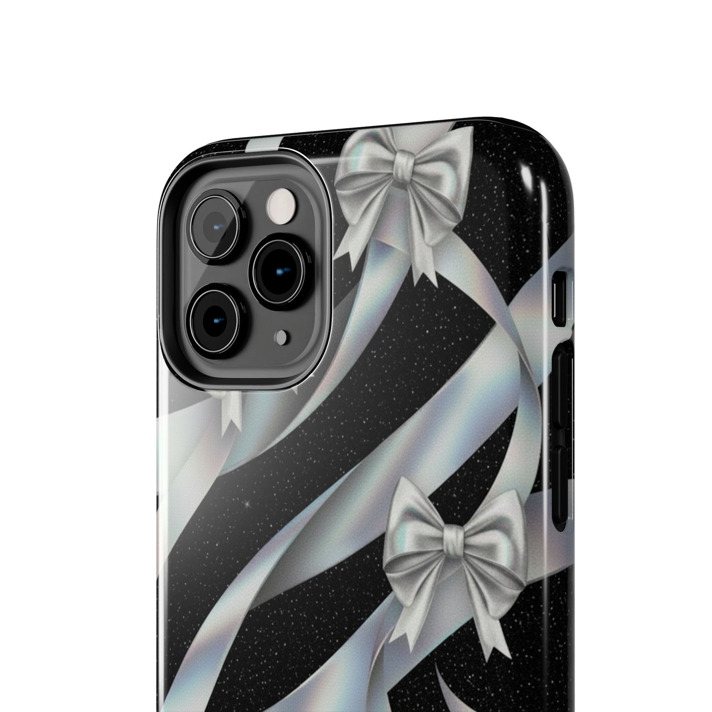 Silver Ribbon Bow Tough Phone Case — Glitter Black Protective Phone Case