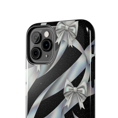 Silver Ribbon Bow Tough Phone Case — Glitter Black Protective Phone Case