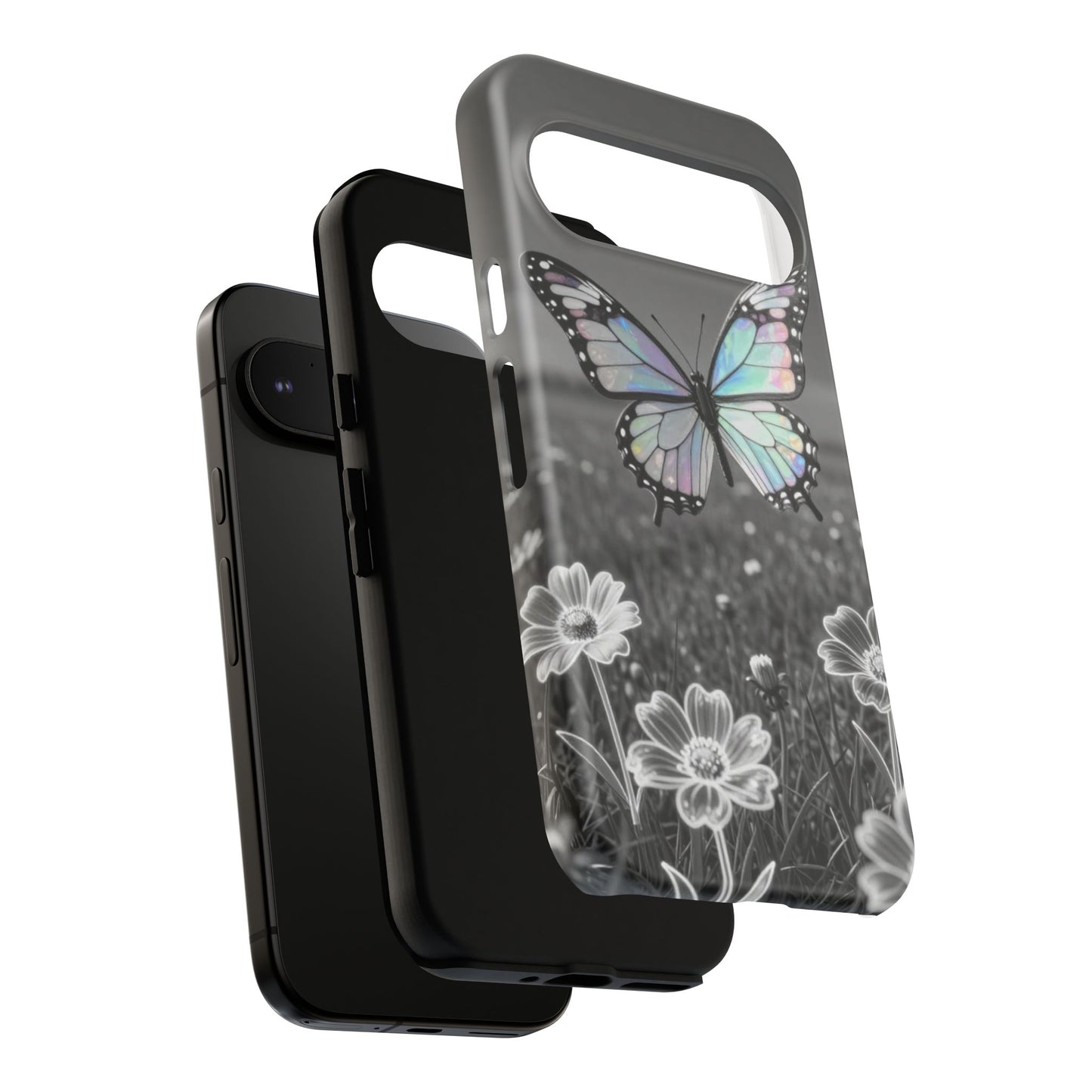 Butterfly Field Tough Phone Case — Pastel Holographic Butterfly on Black & White Floral Background