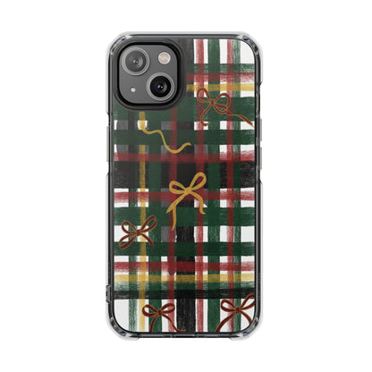 Phone Case - Festive Plaid with Gold Bows Clear Magnetic Impact Case