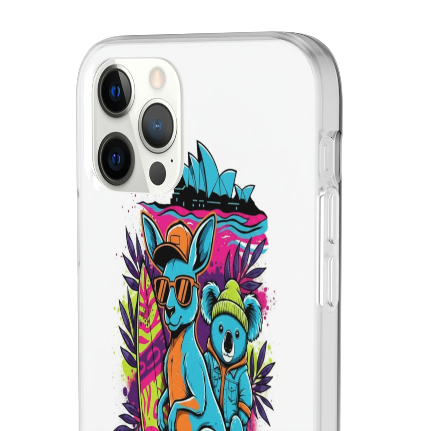 Kangaroo & Koala Surf Phone Case — Neon Aussie Beach Vibes Flexible Case