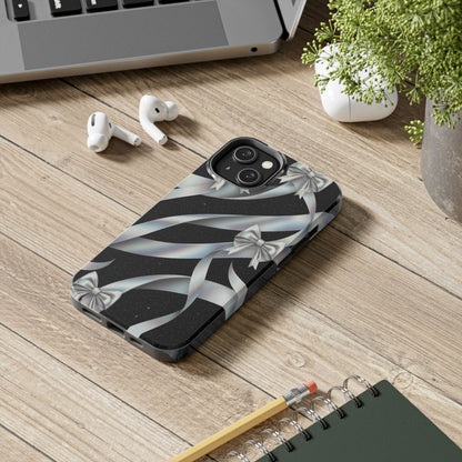 Silver Ribbon Bow Tough Phone Case — Glitter Black Protective Phone Case