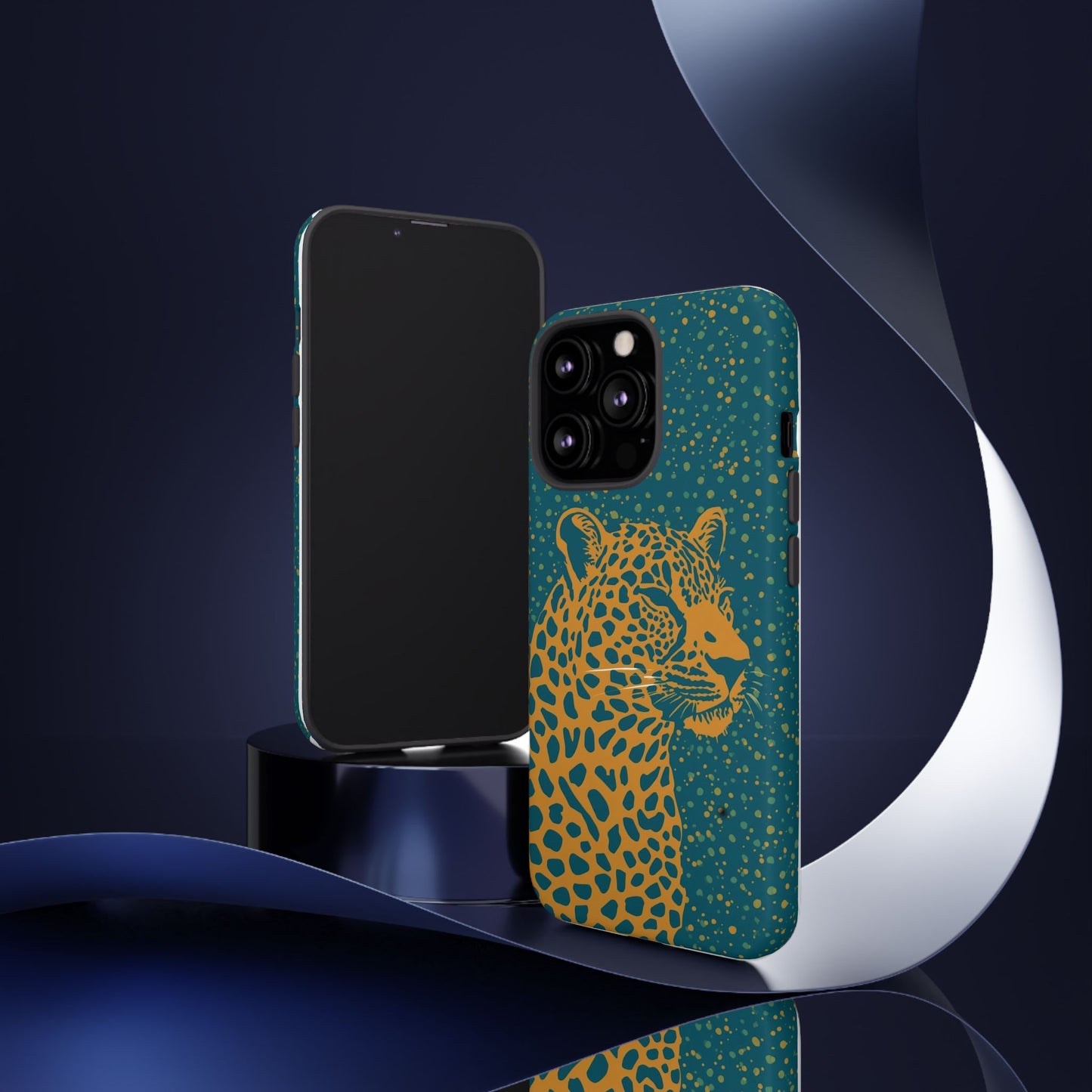Leopard Spotlight Phone Case — Teal Gold Animal Print Protective Cover