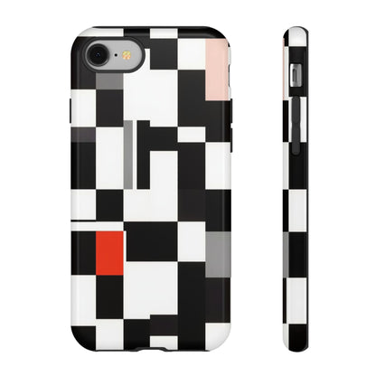 Abstract Geometric Phone Case – Black & White Checker Grid with Red Accent