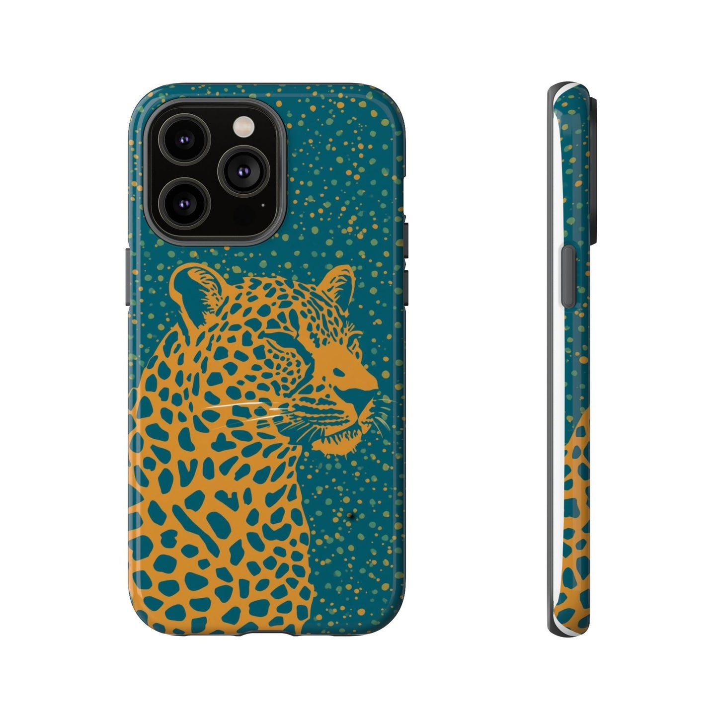 Leopard Spotlight Phone Case — Teal Gold Animal Print Protective Cover