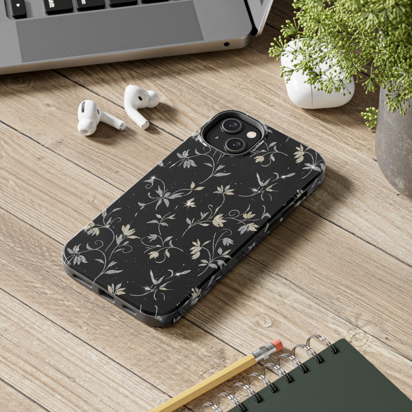 Floral Noir Tough Phone Case — Vintage Black Botanical Protective Cover