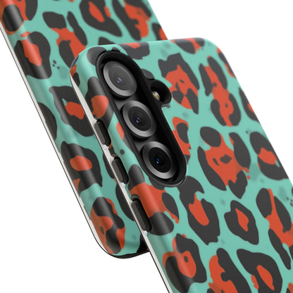 Leopard Print Tough Phone Case — Teal & Rust Protective iPhone Cover