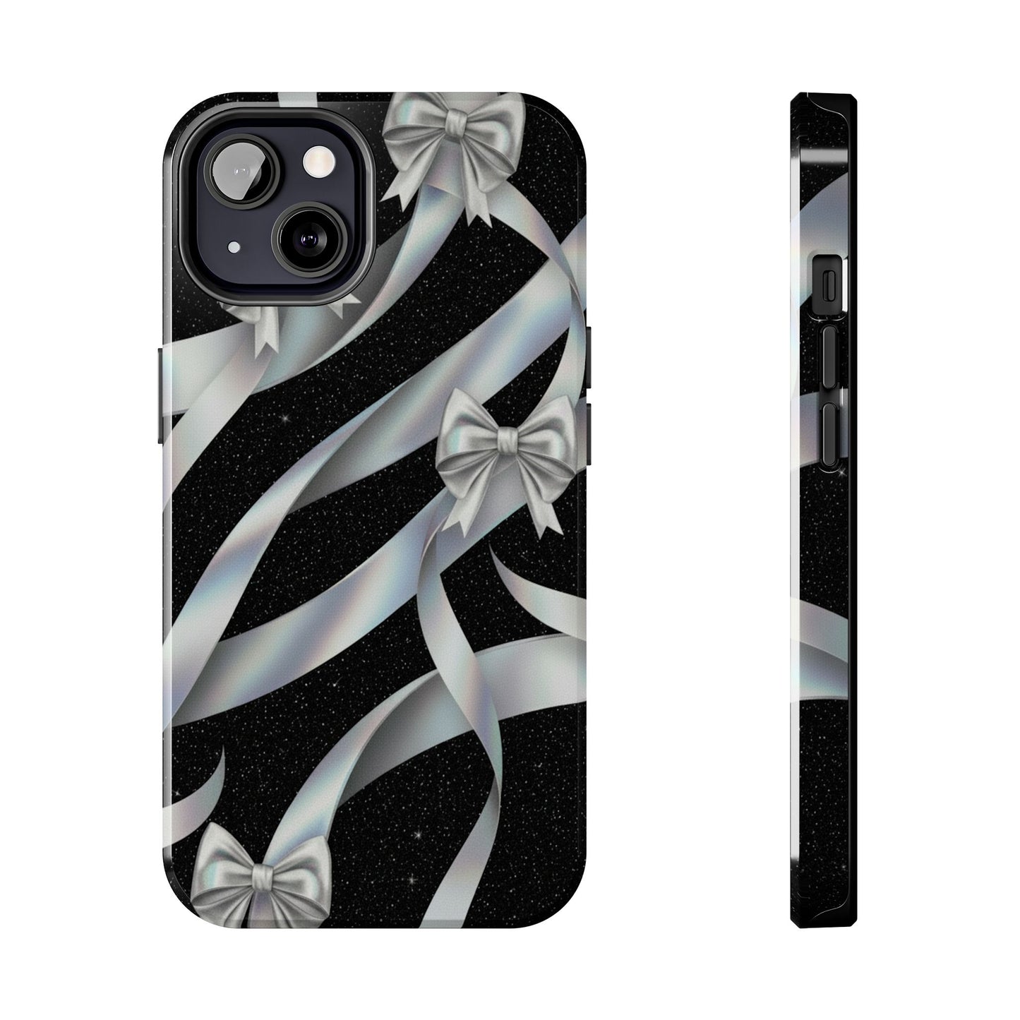 Silver Ribbon Bow Tough Phone Case — Glitter Black Protective Phone Case