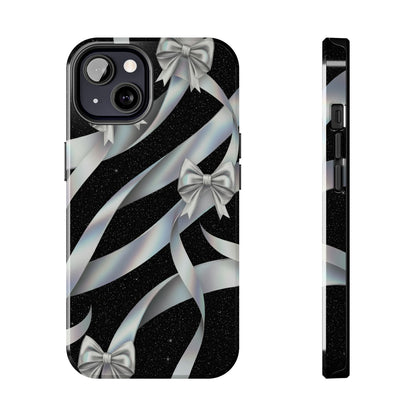 Silver Ribbon Bow Tough Phone Case — Glitter Black Protective Phone Case