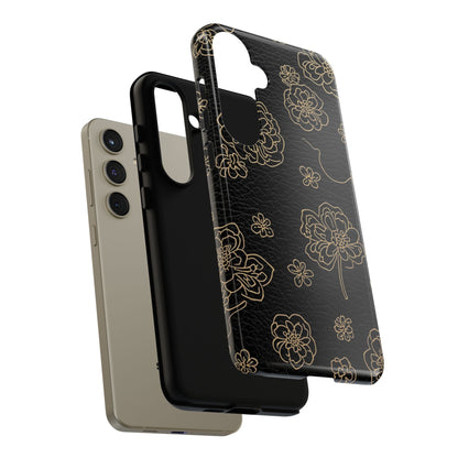Floral Leather-Texture Tough Case – Black Gold Outline Phone Cover