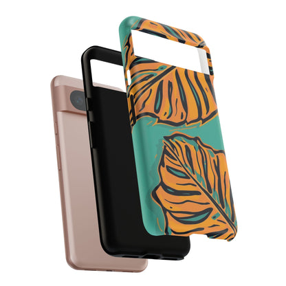 Tropical Leaf Tough Phone Case — Orange Monstera Design on Teal