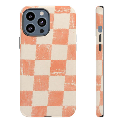 Peach Checkerboard Tough Phone Case — Retro Distressed Grid Design