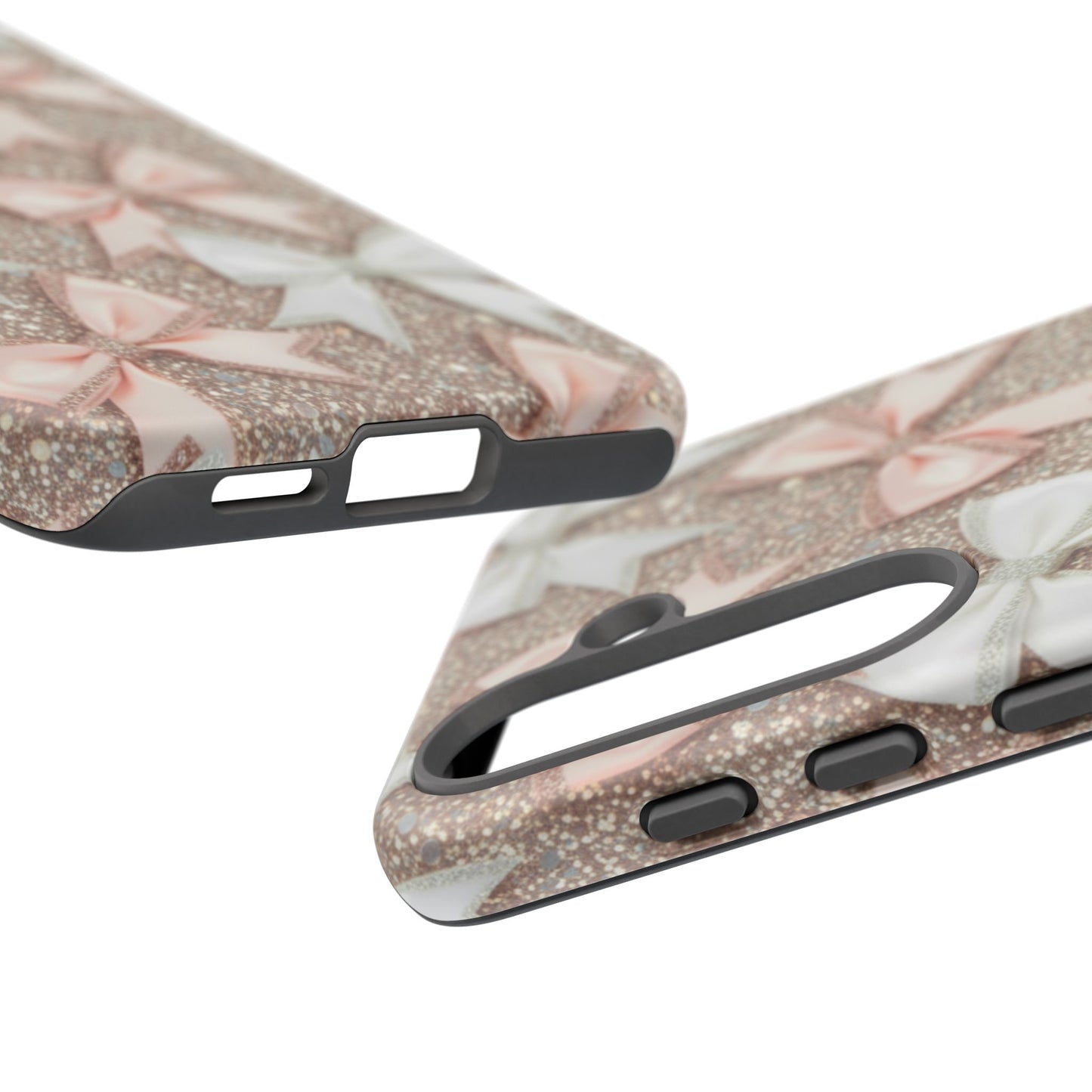 Glitter Bow Tough Phone Case — Pink & White Ribbon Protective Cover