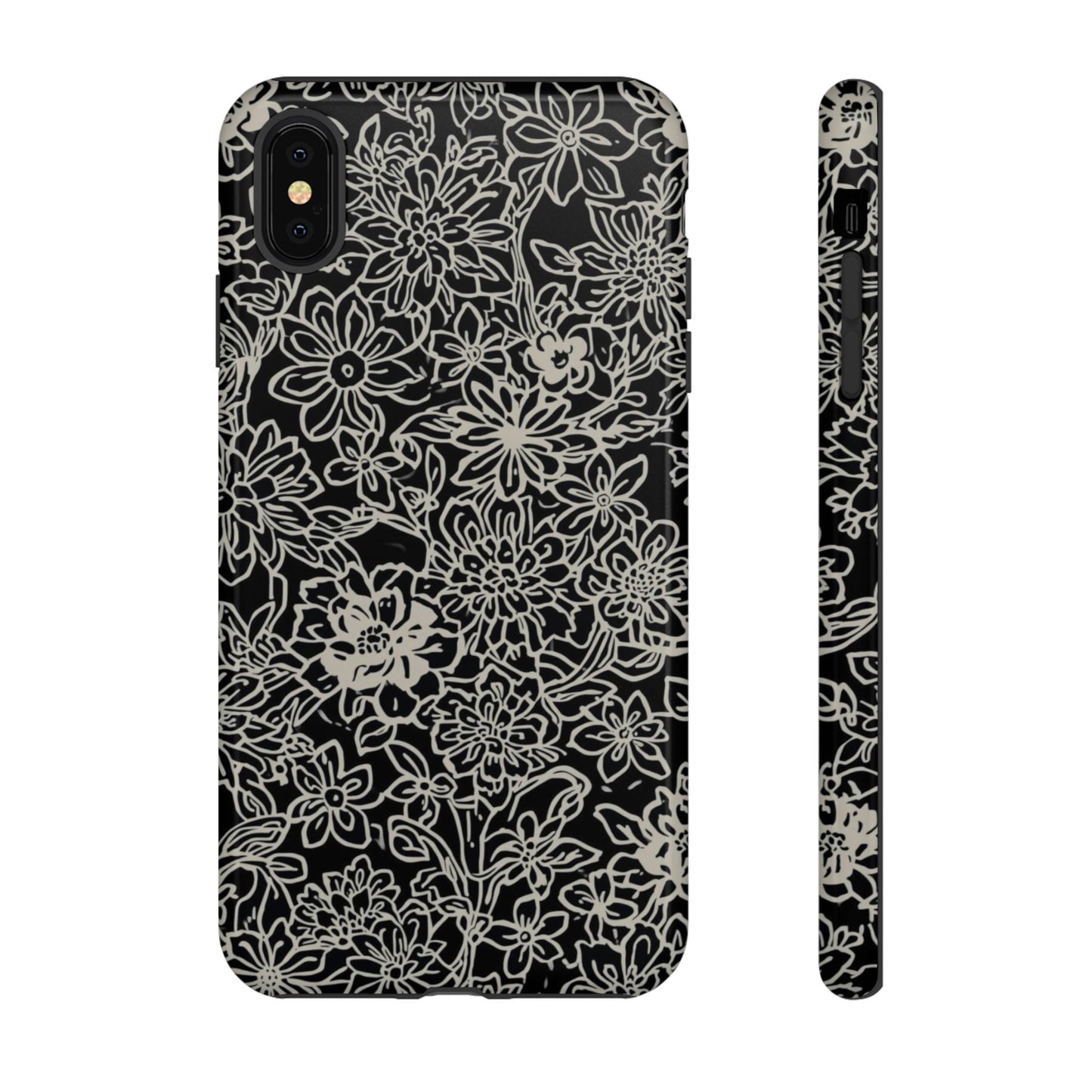 Floral Doodle Tough Phone Case — Black & White Sketch Flower Protective Cover