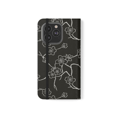 Black Cherry Blossom Flip Phone Case – Floral Wallet Flip Case with Card Slots