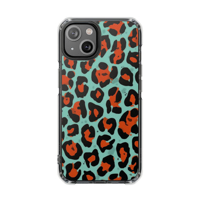 Clear Magnetic Phone Case — Teal & Rust Leopard Print