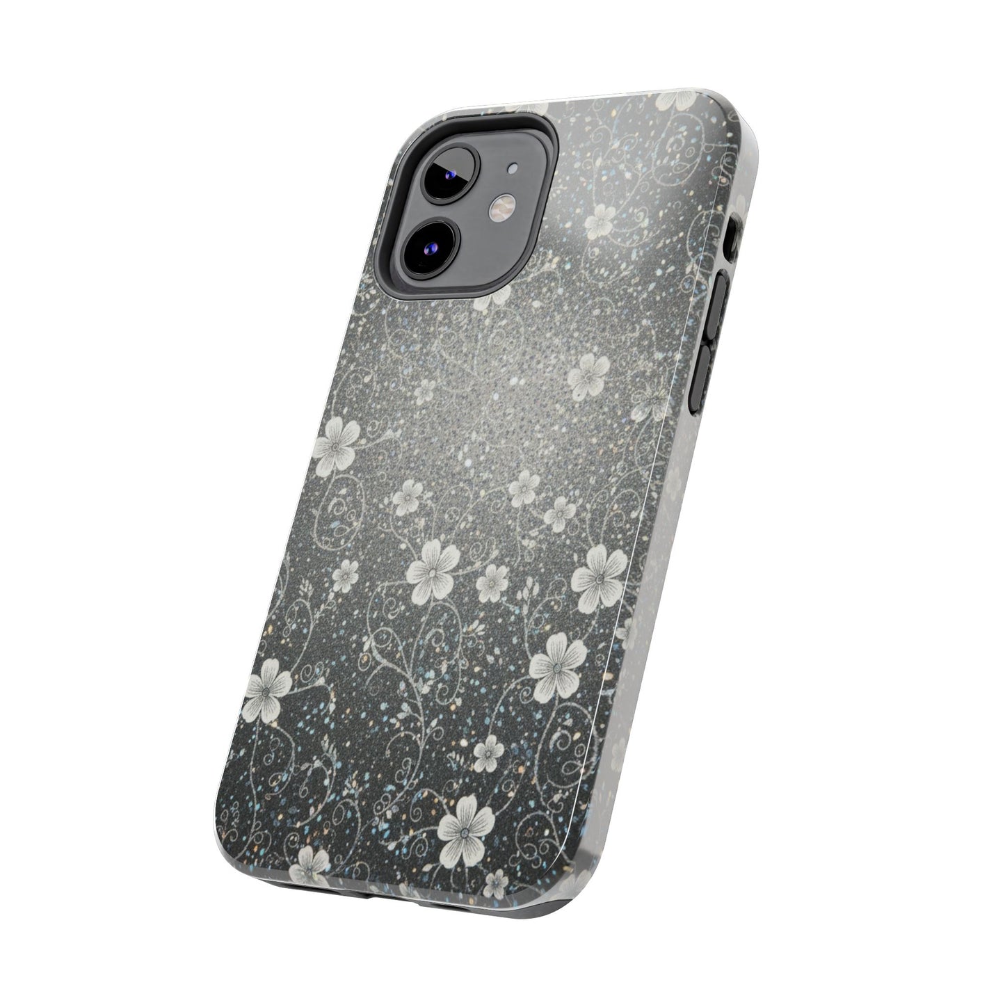 Floral Sparkle Tough Phone Case — Black & Silver Vintage Blossom