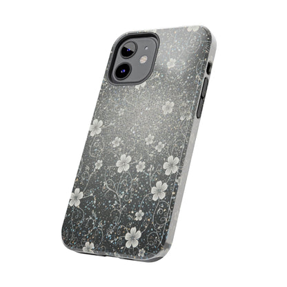 Floral Sparkle Tough Phone Case — Black & Silver Vintage Blossom