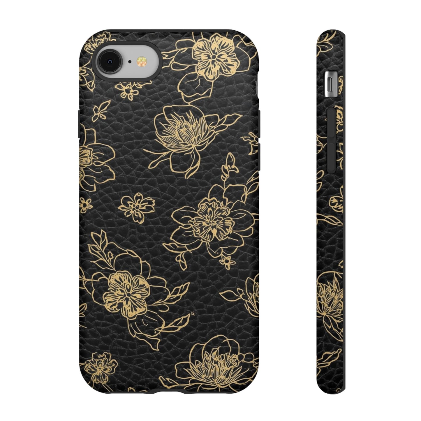 Floral Leather Phone Case — Gold Outline Flowers on Black Tough Case