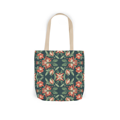 Floral Kaleidoscope Canvas Tote Bag — Green & Coral Patterned Market Tote